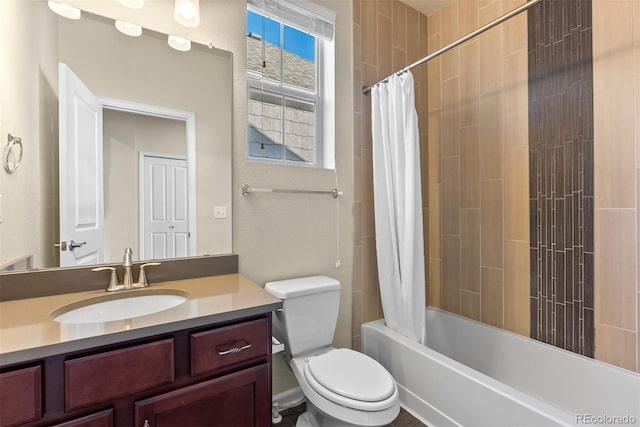 full bathroom featuring shower / bathtub combination with curtain, vanity, and toilet