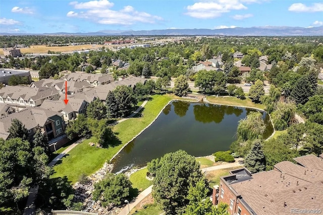 bird's eye view featuring a water and mountain view