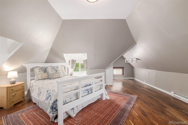 bedroom featuring vaulted ceiling, dark hardwood / wood-style floors, and a baseboard radiator