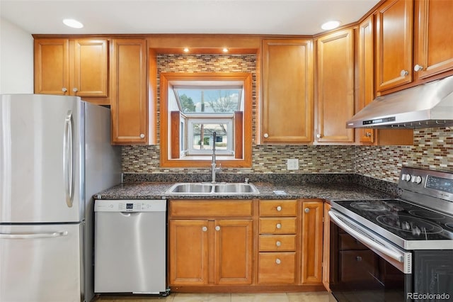 7180 Zuni St, Denver, CO 80221 - kitchen featuring brown cabinetry, a sink, under cabinet range hood, appliances with stainless steel finishes, and backsplash