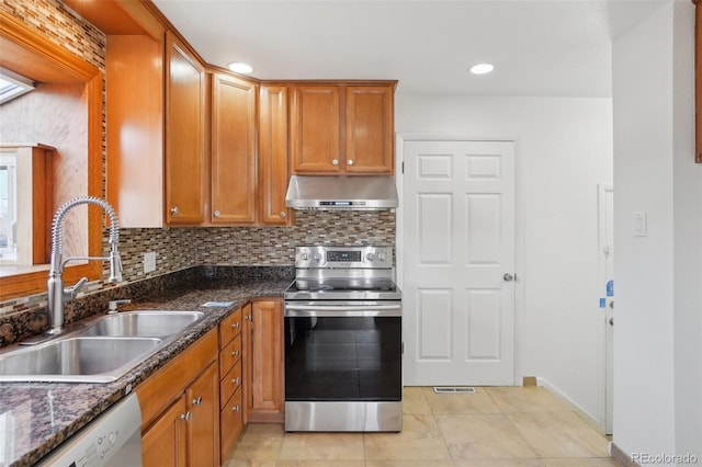 7180 Zuni St, Denver, CO 80221 - kitchen featuring decorative backsplash, under cabinet range hood, a sink, dishwashing machine, and stainless steel electric range oven
