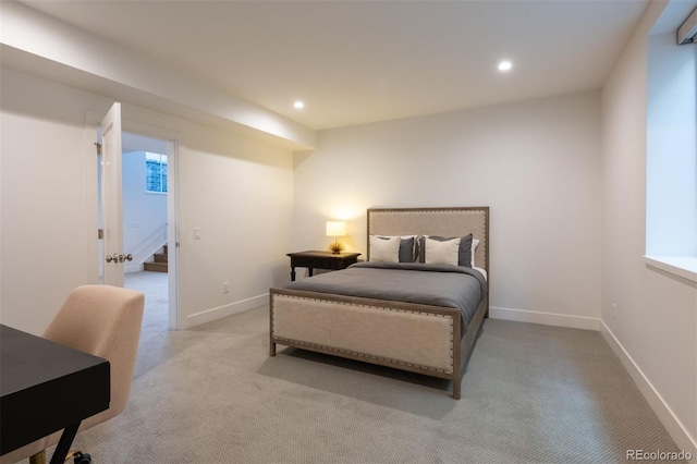carpeted bedroom with baseboards and recessed lighting