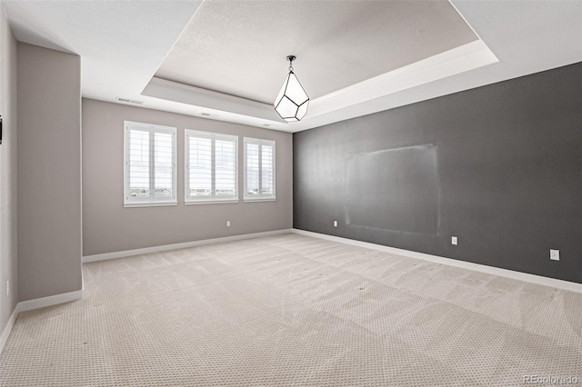 empty room featuring a raised ceiling, light carpet, and a textured ceiling