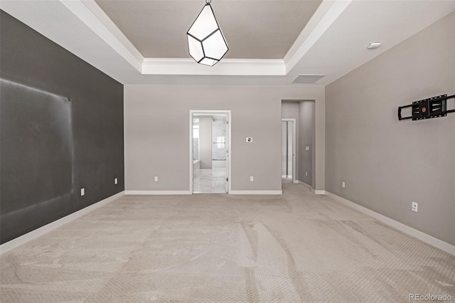 spare room with light carpet and a raised ceiling