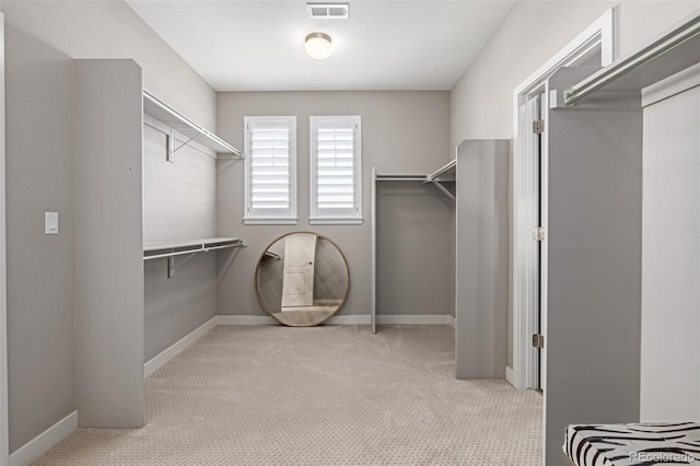 walk in closet with light colored carpet