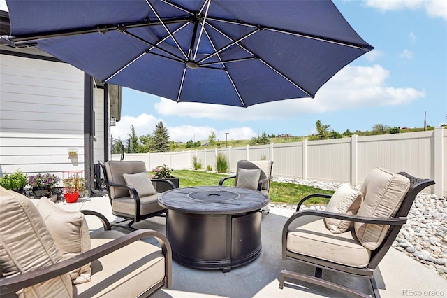 5680 Saddle Skirt St, Parker, CO 80134 - fenced backyard featuring a patio and an outdoor living space with a fire pit