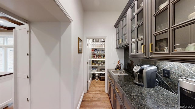 kitchen featuring tasteful backsplash, dark brown cabinetry, sink, and light hardwood / wood-style floors