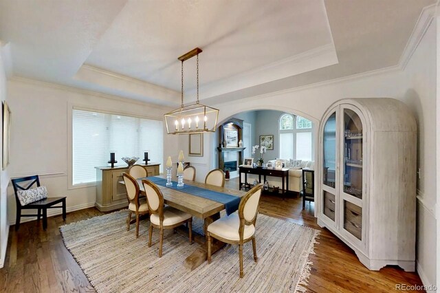 dining space featuring wood-type flooring, a tray ceiling, and a wealth of natural light