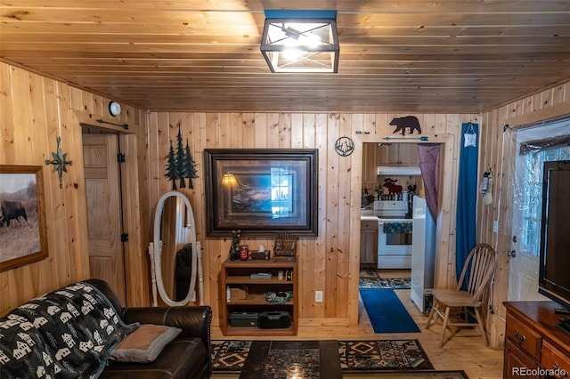 living area with wood walls, wood ceiling, and light wood finished floors