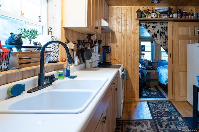 kitchen with under cabinet range hood, wooden walls, a sink, light wood-type flooring, and white range with electric stovetop