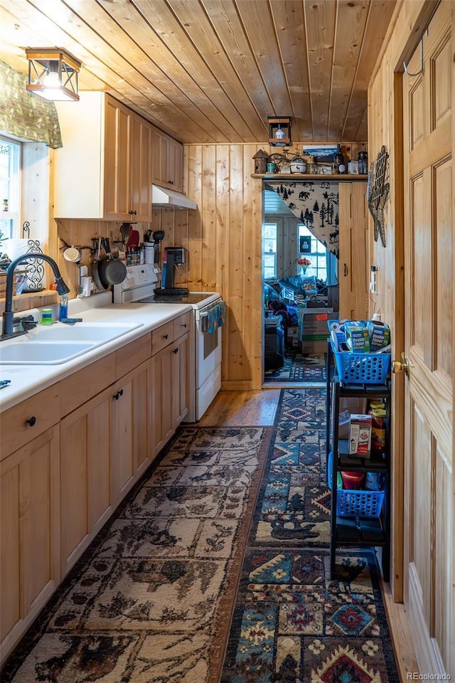 kitchen with white electric range, a wealth of natural light, a sink, and wood ceiling