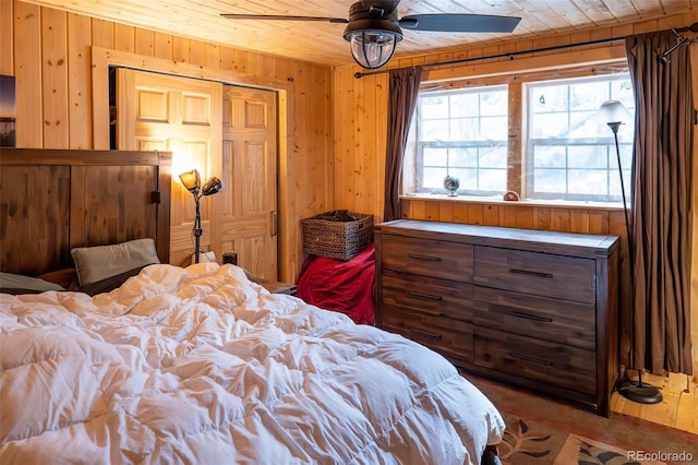 bedroom featuring wood ceiling and wooden walls