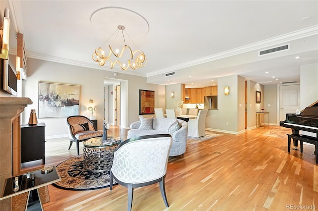 2400 E Cherry Creek S Drive 307, Denver, CO 80209 - living area featuring light wood-style floors, a chandelier, crown molding, and recessed lighting