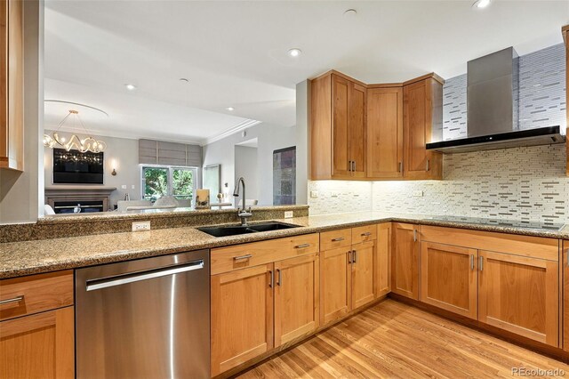 2400 E Cherry Creek S Drive 307, Denver, CO 80209 - kitchen featuring dishwasher, wall chimney range hood, light stone counters, crown molding, and black electric stovetop