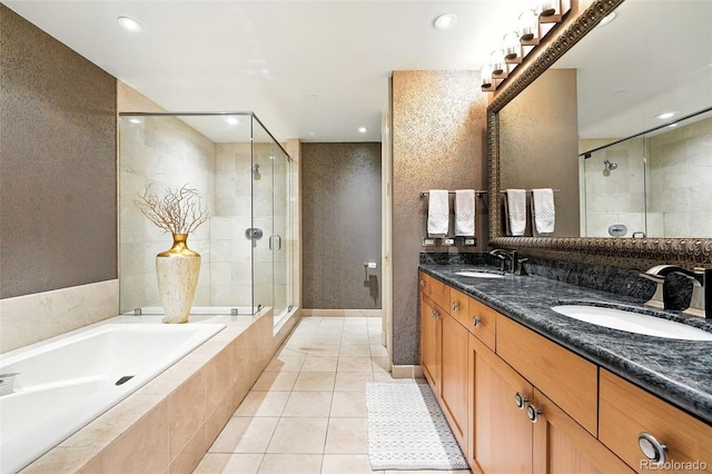 2400 E Cherry Creek S Drive 307, Denver, CO 80209 - full bath featuring a garden tub, a stall shower, double vanity, recessed lighting, and tile patterned flooring