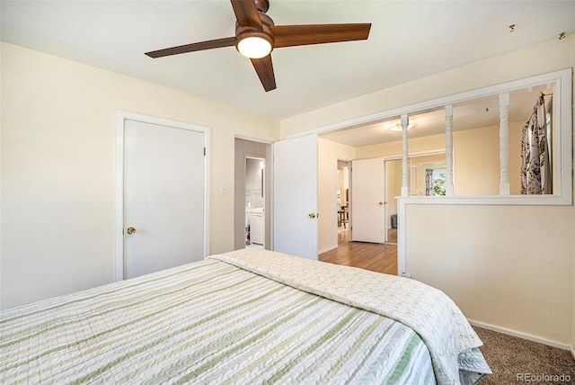 bedroom with baseboards, a ceiling fan, and carpet flooring