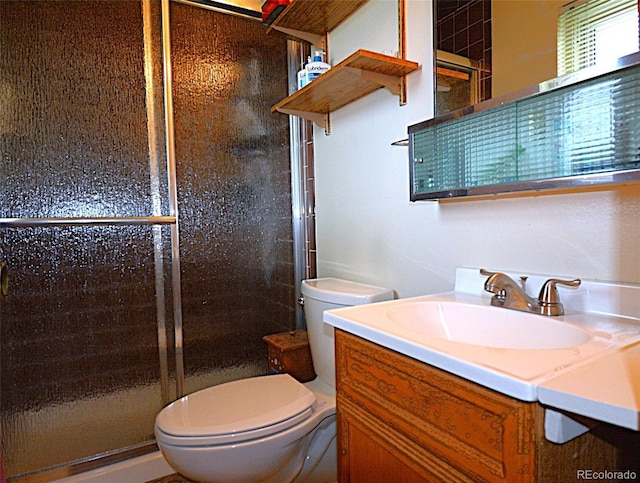 bathroom featuring vanity, a stall shower, and toilet