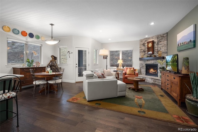 living room featuring a fireplace and dark hardwood / wood-style floors