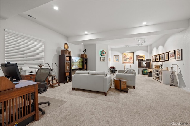 living room featuring light carpet and rail lighting