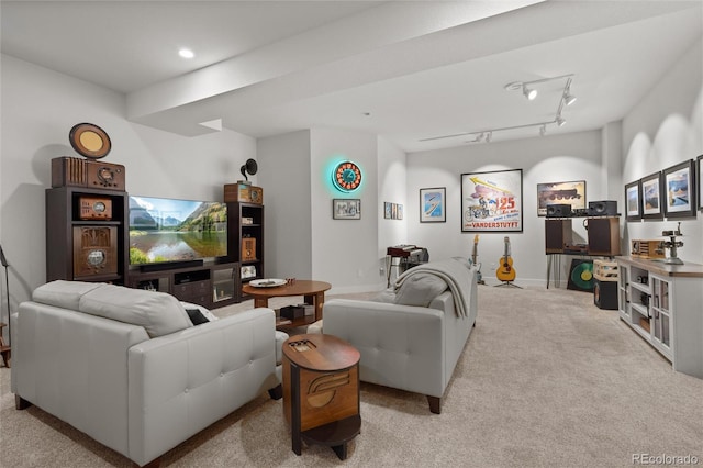 carpeted living room featuring rail lighting