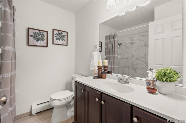 670 Winona Ct Unit 38, Denver, CO 80204 - bathroom featuring a baseboard radiator, toilet, vanity, wood finished floors, and a shower with shower curtain