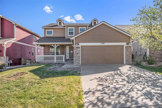 11748 Mill Valley St, Parker, CO 80138 - view of front of home with a porch, concrete driveway, an attached garage, a front lawn, and stone siding