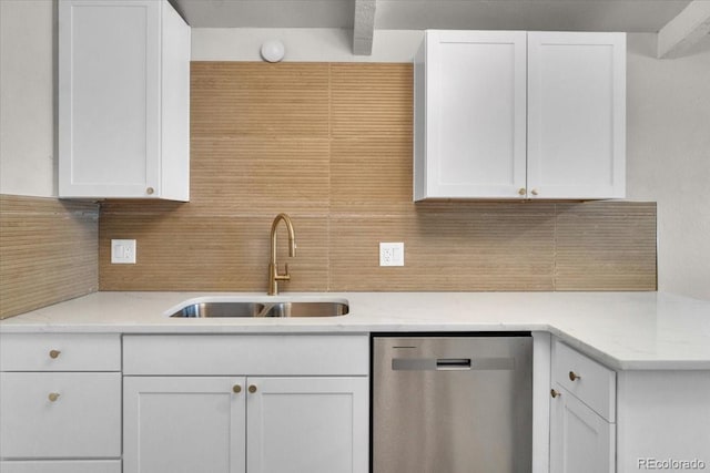 10 Juneau Pl, Longmont, CO 80504 - kitchen with dishwasher, decorative backsplash, and white cabinetry
