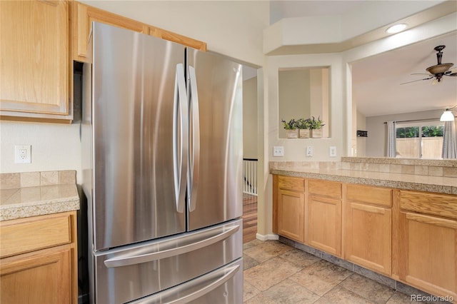 354 Willowick Cir, Highlands Ranch, CO 80129 - kitchen with freestanding refrigerator, tile countertops, ceiling fan, and light brown cabinets