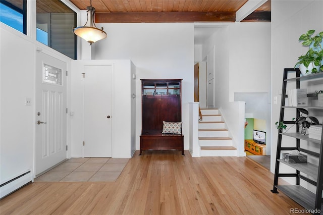 foyer entrance featuring beam ceiling, a baseboard radiator, light hardwood / wood-style flooring, and wood ceiling