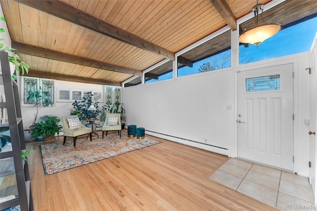 foyer entrance featuring wooden ceiling, light hardwood / wood-style flooring, lofted ceiling with beams, and a baseboard heating unit