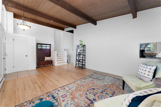 living room featuring beam ceiling, wooden ceiling, a baseboard heating unit, and wood-type flooring