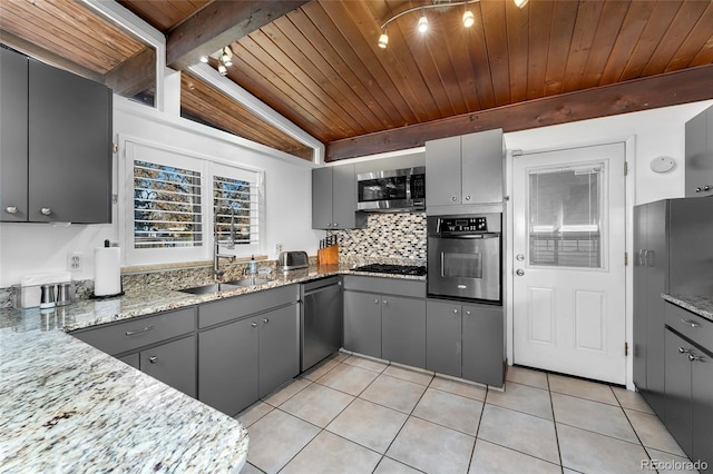 kitchen with sink, gray cabinets, appliances with stainless steel finishes, light stone counters, and wood ceiling