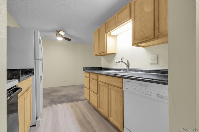 2325 S Linden Ct Unit 206, Denver, CO 80222 - kitchen featuring white dishwasher, stove, dark countertops, a ceiling fan, and a textured ceiling