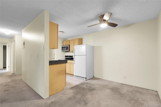 2325 S Linden Ct Unit 206, Denver, CO 80222 - kitchen with freestanding refrigerator, stainless steel microwave, electric range oven, light carpet, and a textured ceiling