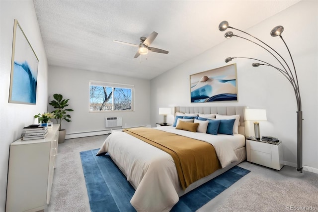 bedroom featuring lofted ceiling, a wall mounted air conditioner, a textured ceiling, a baseboard radiator, and light colored carpet