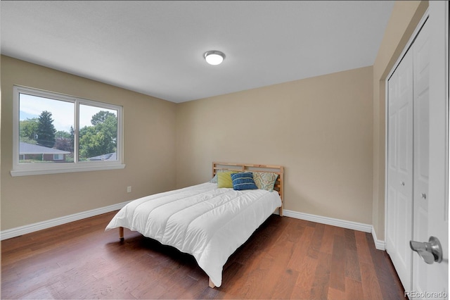 bedroom featuring dark hardwood / wood-style flooring and a closet