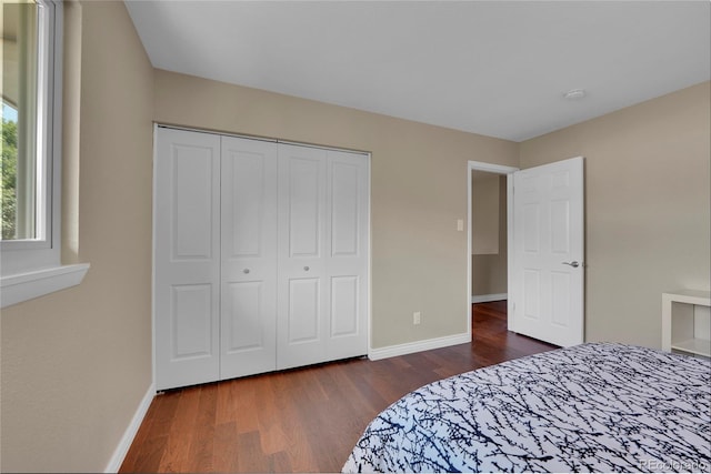 bedroom with dark hardwood / wood-style flooring and a closet