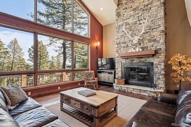 living room with a healthy amount of sunlight, a fireplace, and wood finished floors