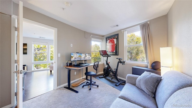 home office featuring plenty of natural light and light carpet