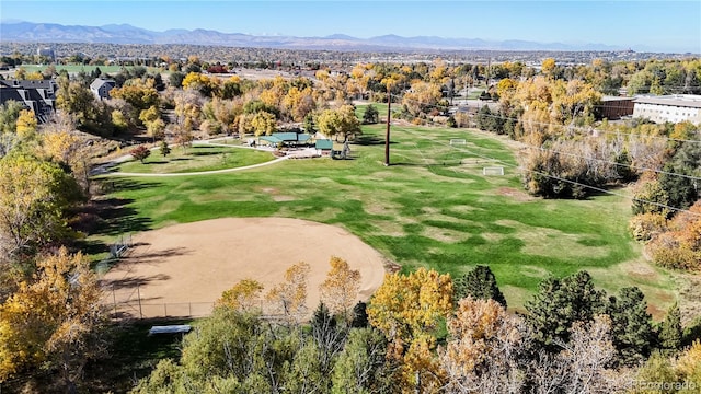 drone / aerial view featuring a mountain view