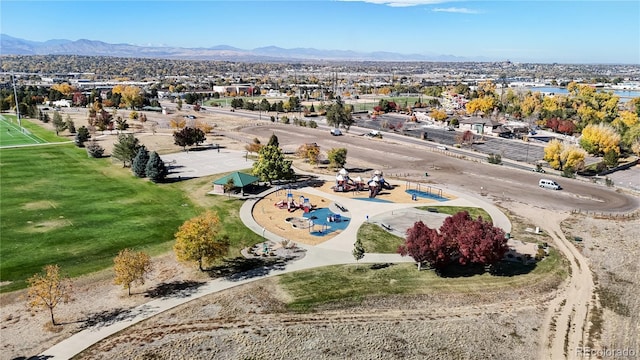 bird's eye view with a mountain view