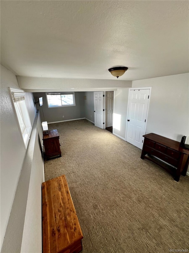 interior space featuring carpet floors and a textured ceiling