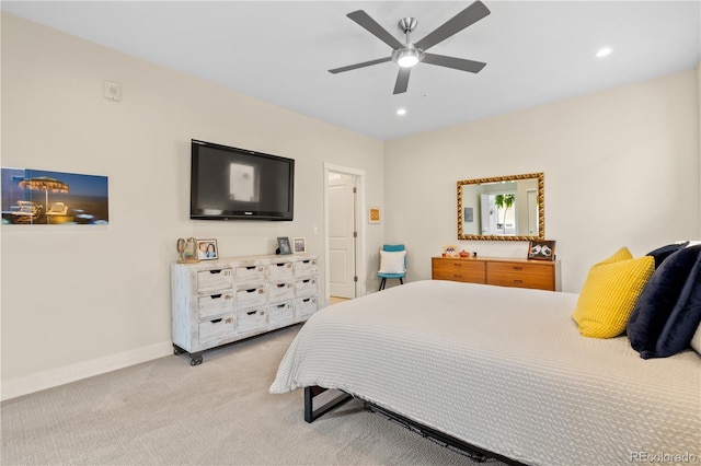 bedroom with baseboards, ceiling fan, recessed lighting, and light colored carpet