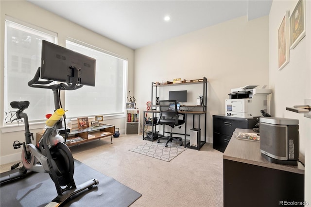 office with baseboards, recessed lighting, and light carpet