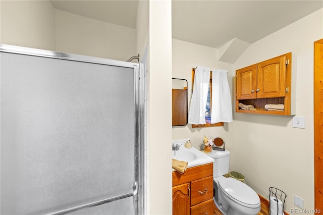 bathroom with toilet, a shower with shower door, lofted ceiling, and vanity