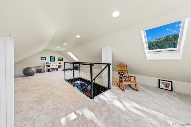 additional living space with carpet flooring and vaulted ceiling with skylight