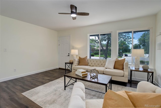 living room with ceiling fan and dark hardwood / wood-style flooring