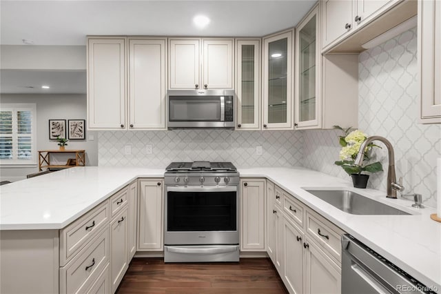 9861 E Ohio Ave, Denver, CO 80247 - kitchen featuring appliances with stainless steel finishes, a sink, a peninsula, dark wood-type flooring, and light stone counters