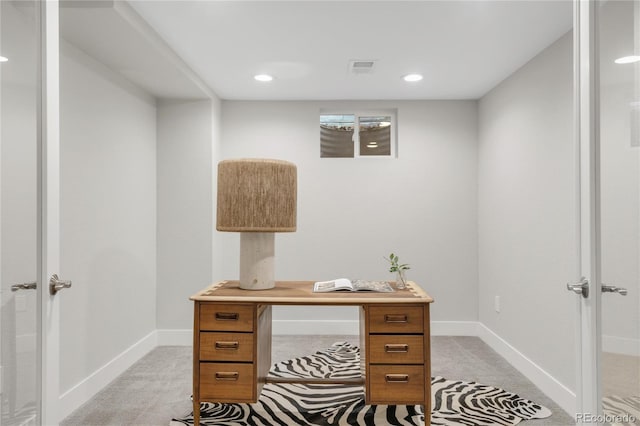 9861 E Ohio Ave, Denver, CO 80247 - home office featuring light colored carpet, baseboards, recessed lighting, and french doors