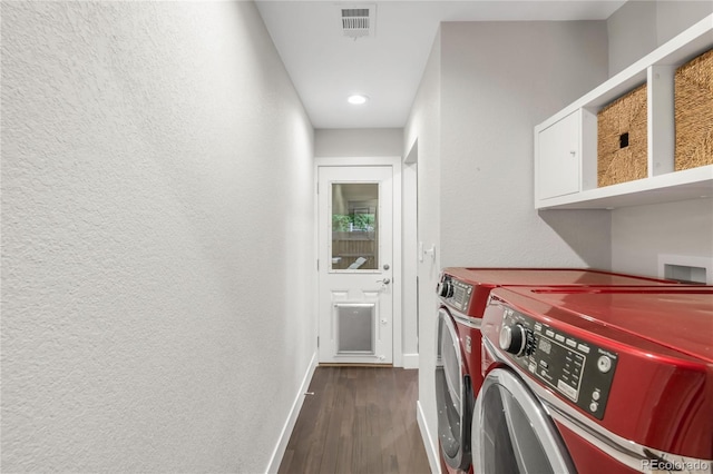 9861 E Ohio Ave, Denver, CO 80247 - washroom with baseboards, separate washer and dryer, dark wood-style flooring, a textured wall, and recessed lighting